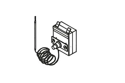 Sicherheitsthermostat von Roth mit einer aufgerollten Sensorleitung, montiert auf einem Gehäuse mit Anschlussmöglichkeit.